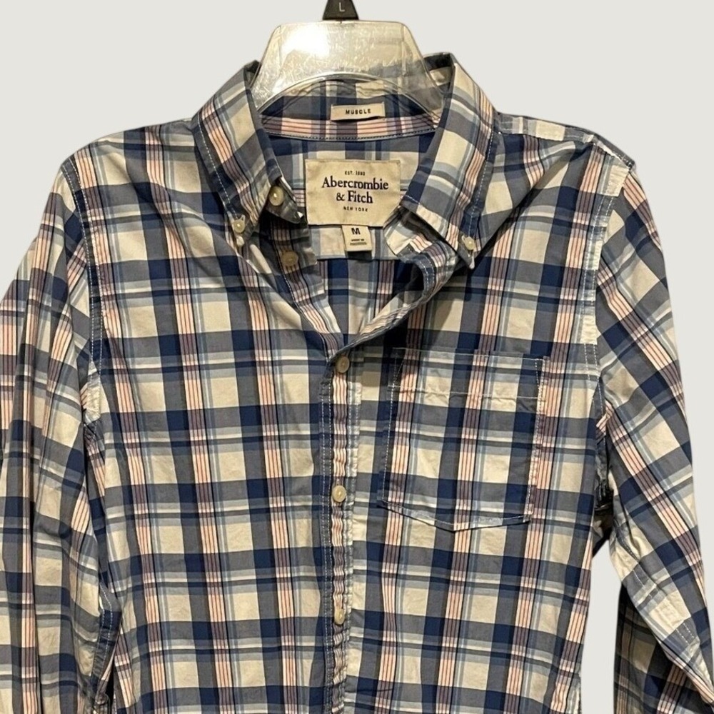 Abercrombie & Fitch Mens Muscle Fit Plaid Button Down Shirt Blue White M